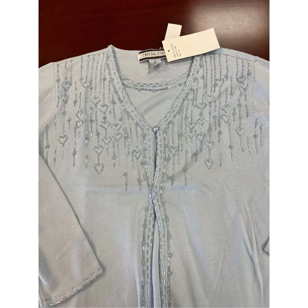 Vintage Crystal-Kobe Light Blue Beaded Faux Two Piece Sweater Set sz M NWT